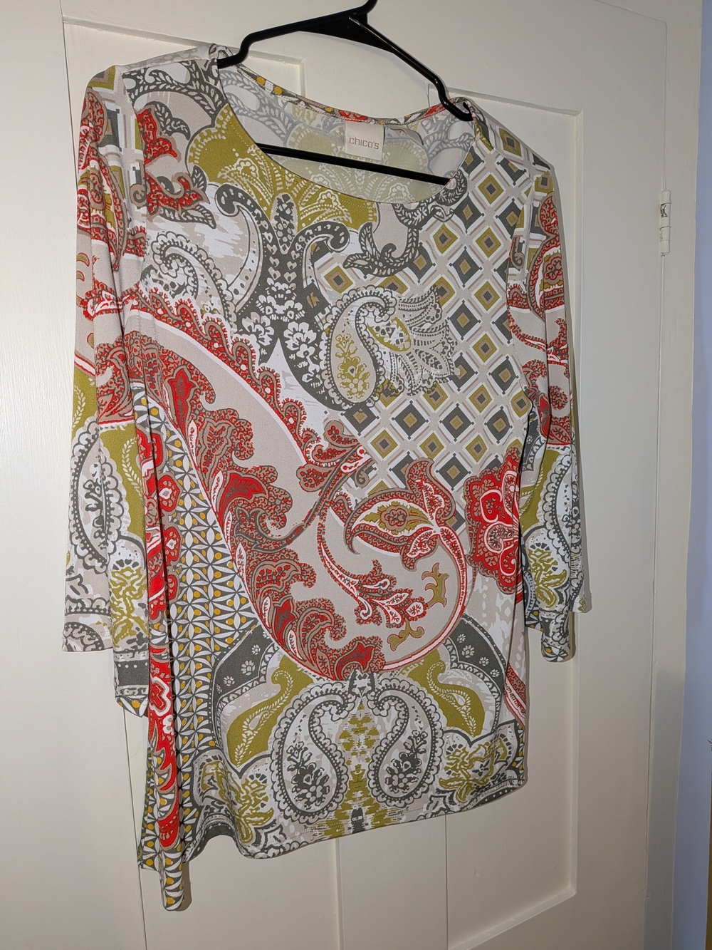 Chico's Printed Paisley Scoop Neck Top - Red, Olive, Gray on White